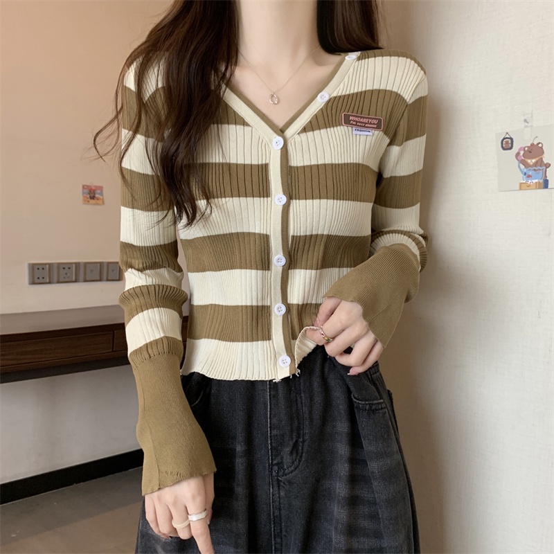 SUXI Áo Cardigan Dệt Kim Kẻ Sọc Dáng Ôm Phong Cách Cổ Điển Thời Trang Quyến Rũ Cho Nữ