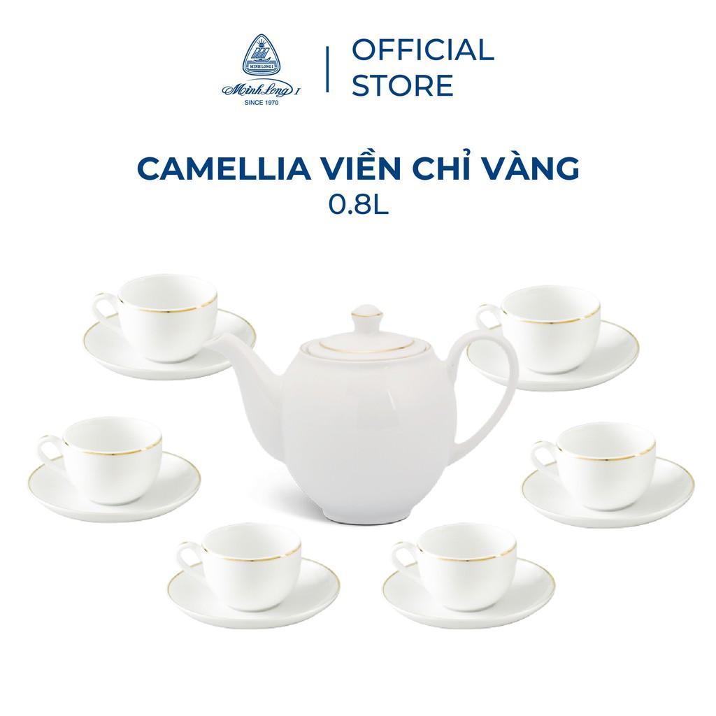Bộ ấm trà sứ trắng Minh Long viền vàng - bộ ấm trà sứ minh long trắng viền vàng
