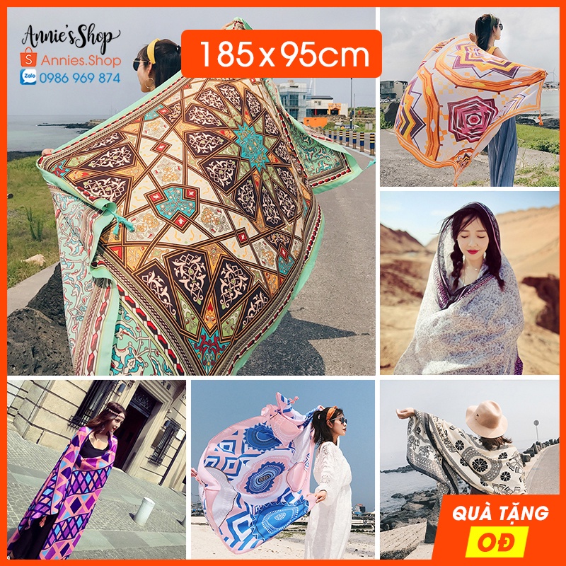 P2 Khăn choàng đi biển phong cách Bohemian thổ cẩm khổ siêu to chất đũi kiểu mỏng nhẹ chống nắng đa năng vintage KH033