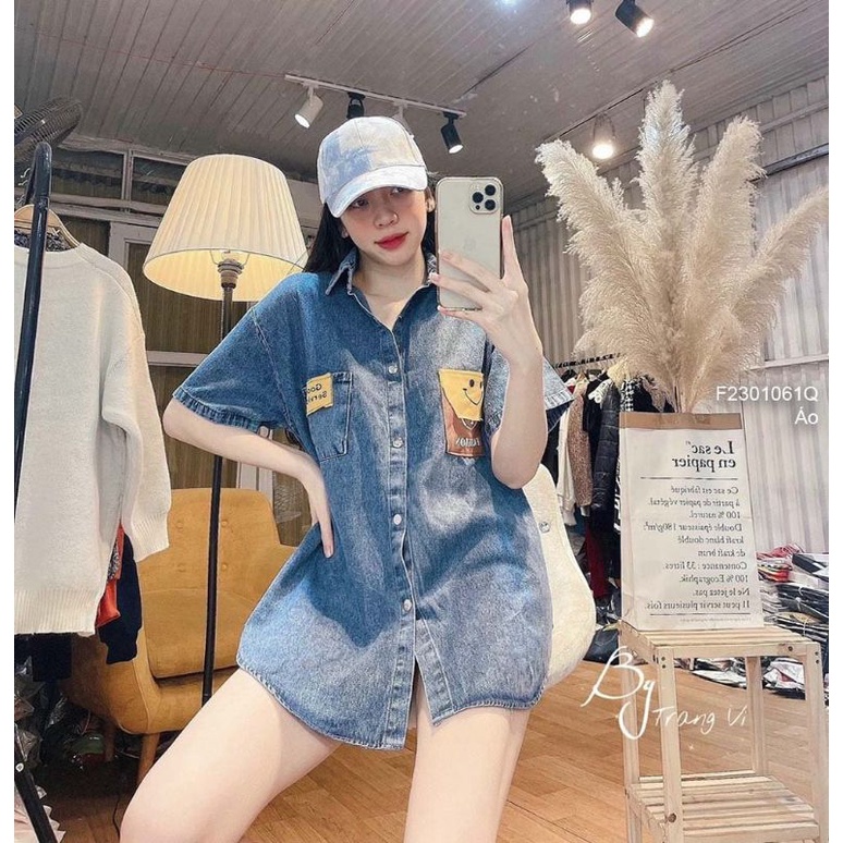 Áo sơ mi jean MẶT CƯỜI from rộng- áo bò demin ngắn tay phong cách ulzzang hàn quốc