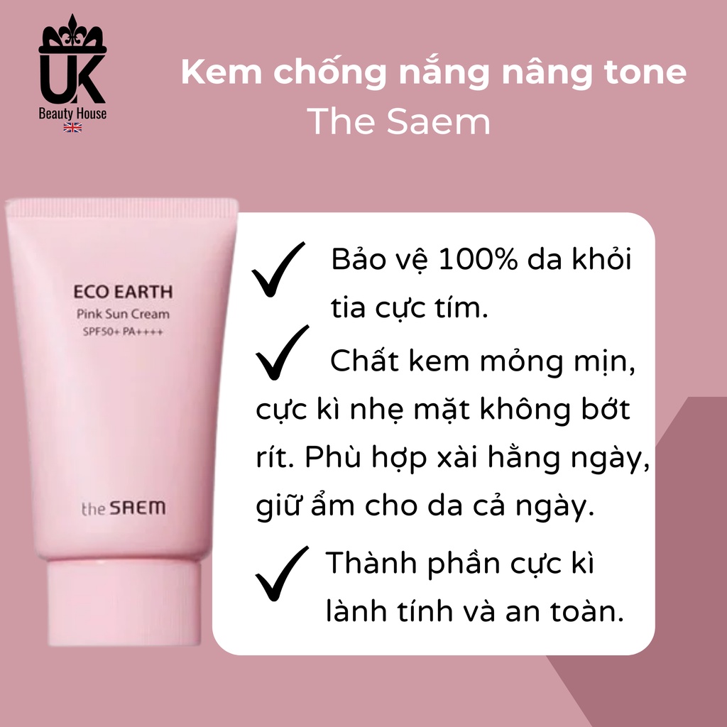 Kem chống nắng giúp da sáng hồng tự nhiên The Saem Eco Earth Power Pink Sun Cream SPF50+/PA++++ 50ML