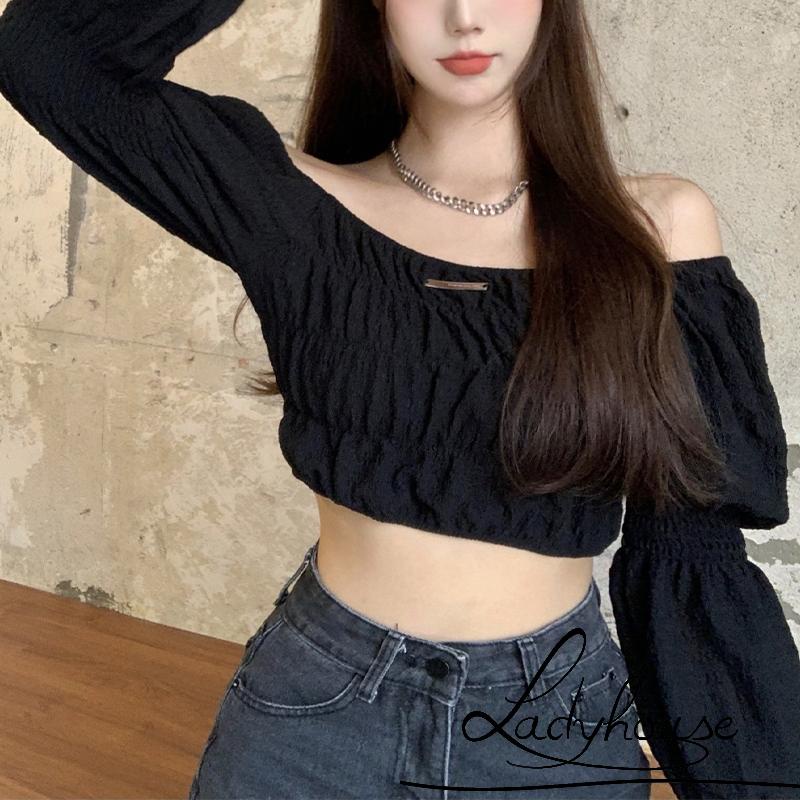 Áo Croptop Trễ Vai Tay Phồng Dài Màu Sắc Trơn Thời Trang Cho Nữ
