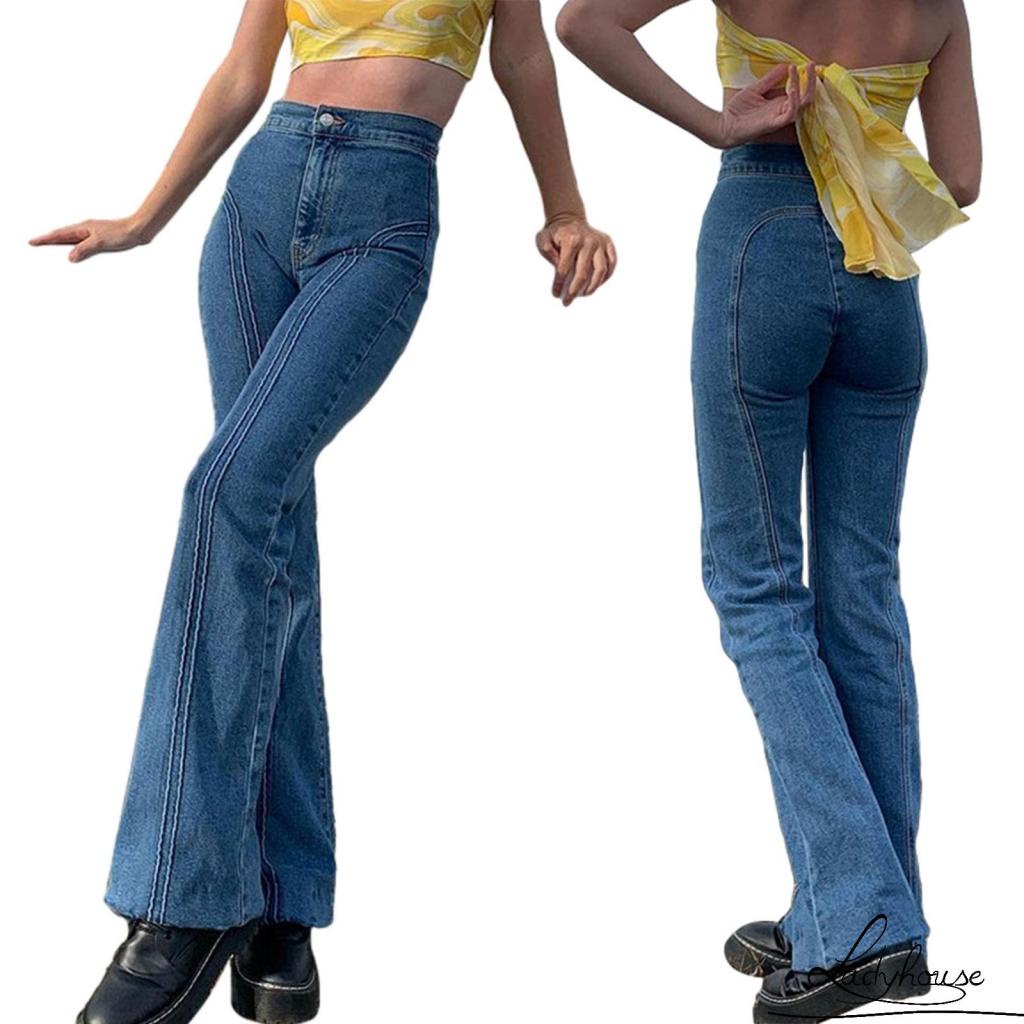 Quần jeans dài lưng vừa phối nút khóa kéo thời trang cho nữ