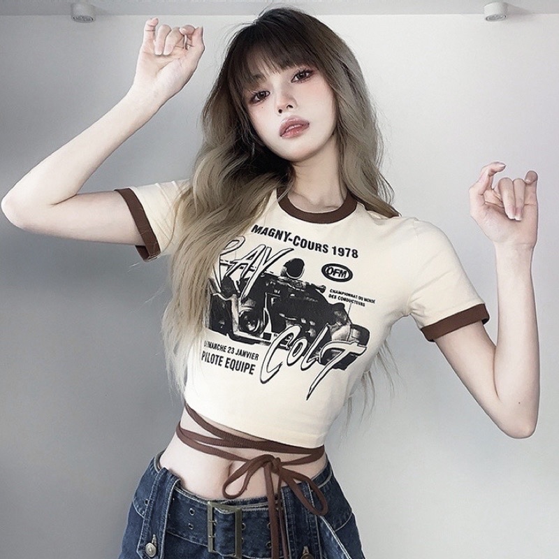 Áo Croptop Crt Trắng Viền Nâu Thiết Kế Đan Dây Eo Dáng Ôm In Hình Kèm Ảnh Thật