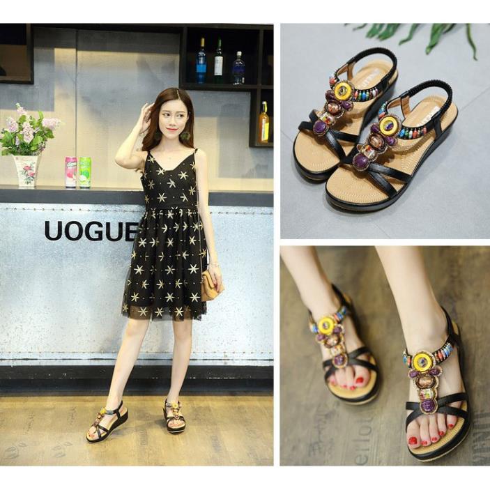 Dép nữ Hàng Hiệu_Giày Sandal nữ đế xuồng đi biển 5cm cao cấp. Sandal nữ đế bệt quai hậu. -v12