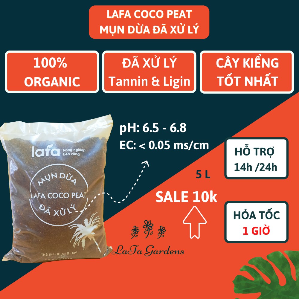 Mụn sơ dừa, mụn dừa, giá thể trồng cây LAFA COCO PEAT đã xử lý túi 5 lít chuyên trồng cây cảnh