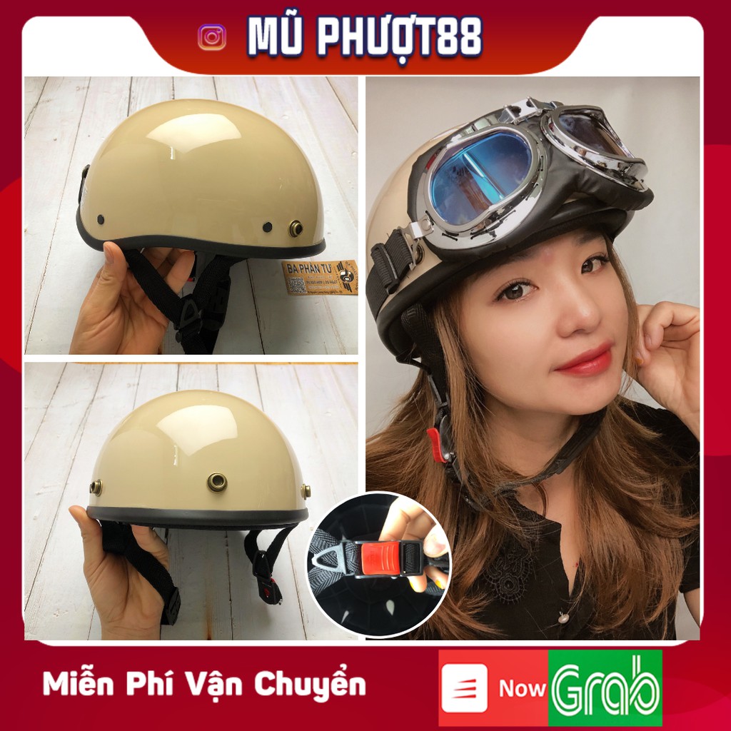 Mũ bảo hiểm nửa đầu 1/2 màu sữa có kính, Nón bảo hiểm nửa đầu FREE SIZE, CHUẨN CHẤT LƯỢNG CAO