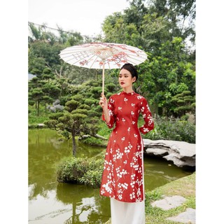 ÁO DÀI CÁCH TÂN HOA MAI ĐỎ, CHẤT LỤA DÀY CAO CẤP