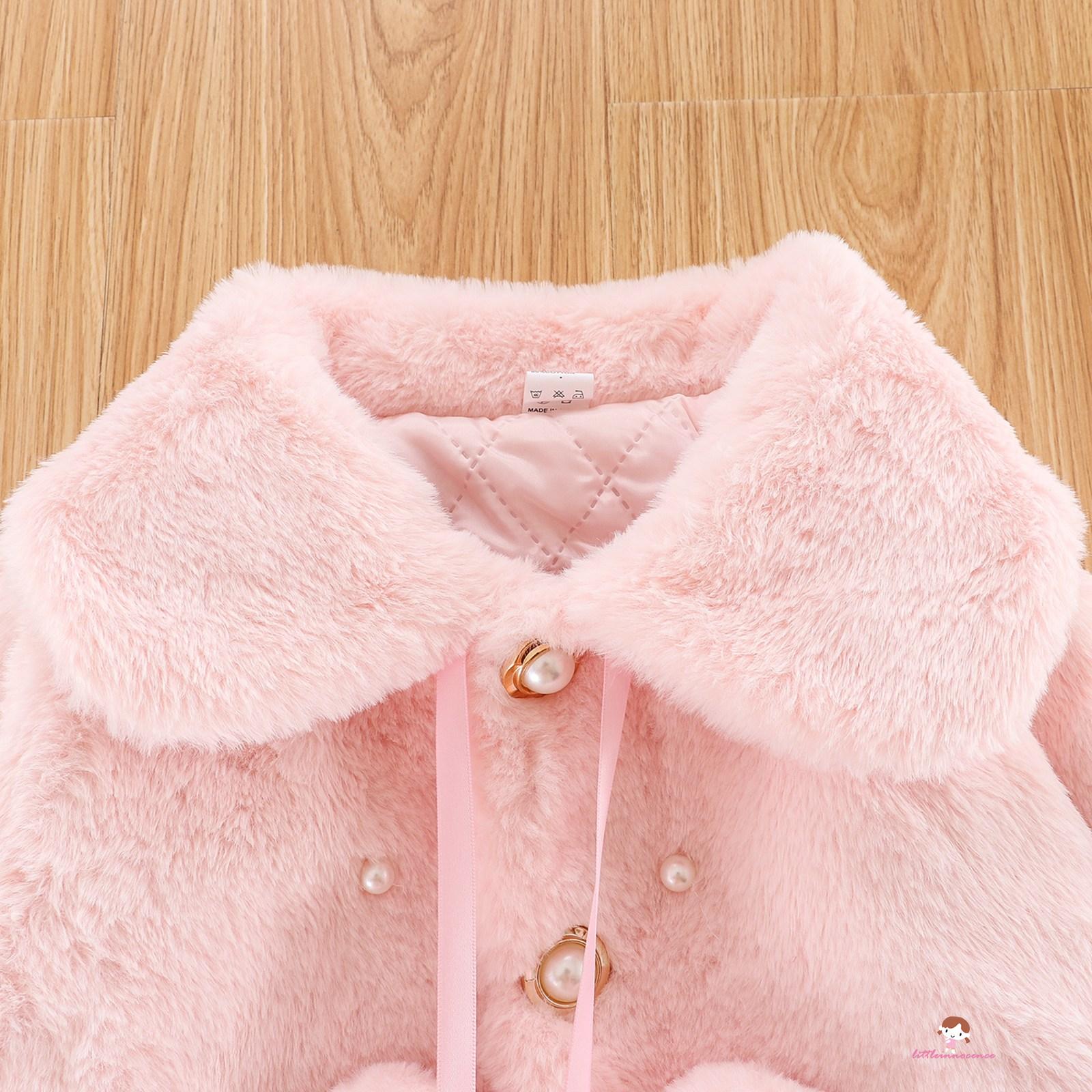 XZQ7-0-3 Years Toddler Winter Clothes, Solid-Color Wide Lapel Long Batwing Sleeve Fur Coat with Pompon Pearl Decoration for Little Girl, 0-4 Years