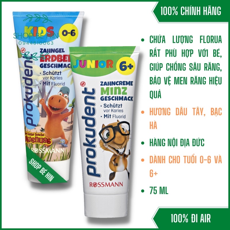 Kem đánh răng trẻ em Prokudent Đức vị dâu tây và bạc hà dịu nhẹ, nuốt được cho bé từ 0 đến 6 tuổi trở lên, 75ml