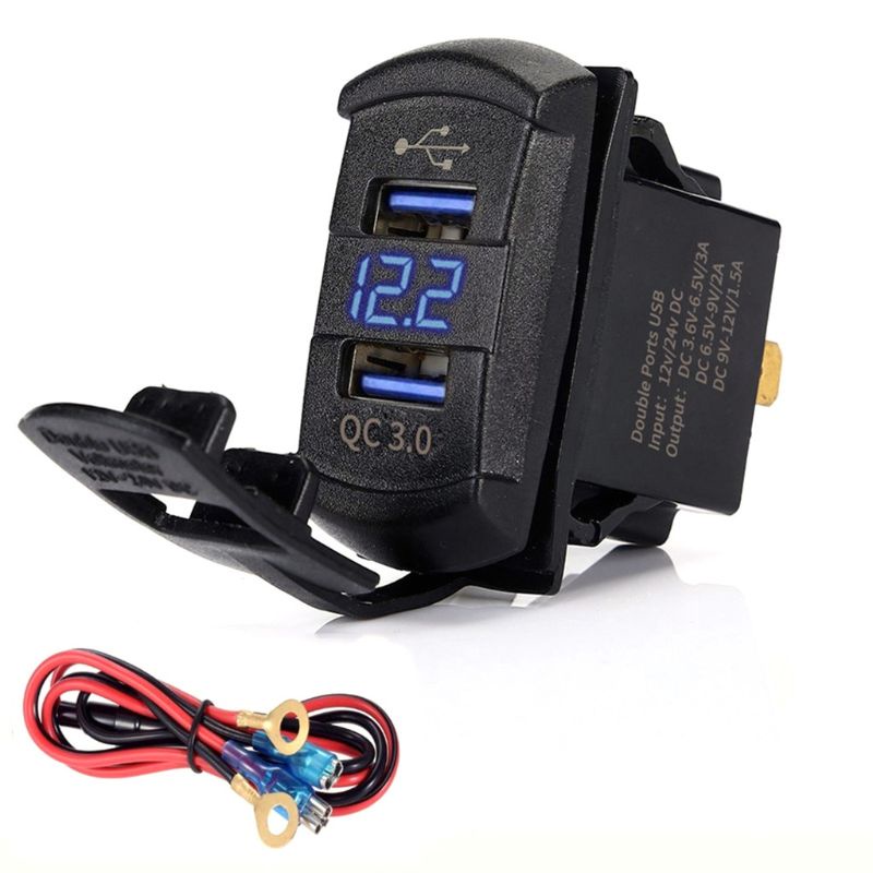 Củ sạc nhanh QC 3.0 hai cổng USB có đèn LED hiển thị vôn kế cho xe hơi/xe máy/tàu thuyền/điện thoại thông minh