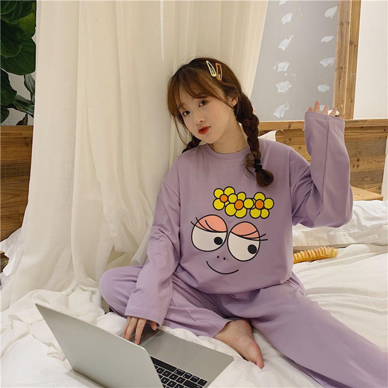 Bộ đồ bộ mặc nhà tay dài cổ tròn in hình mắt to dễ thương + Quần dài cho nữ