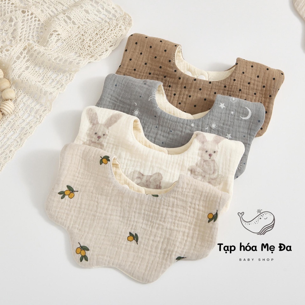 Yếm xô cổ tròn xoay 360 độ vải muslin cao cấp 6 lớp dày dặn thấm hút tốt họa tiết hoa/gấu vintage Hàn Quốc cho bé ăn dặm