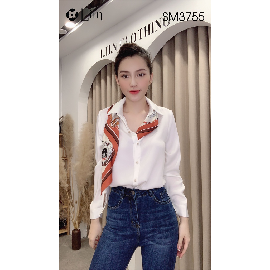 Áo sơ mi chất Lụa đẹp màu Trắng Kèm Khăn phong cách trẻ trung, năng động Liin Clothing SM3755