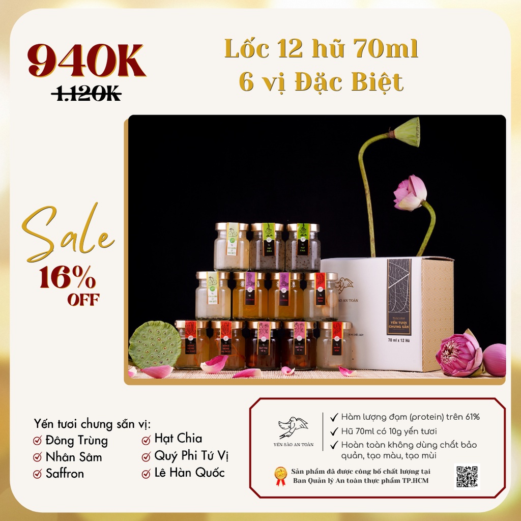 Yến sào Khánh Hoà lốc 12 hũ 70ml chưng 6 vị Đặc Biệt