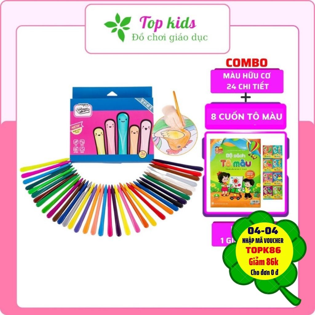 Bút màu sáp hữu cơ hộp gồm 24 màu thiết kế đáng yêu không lem tay dính bẩn an toàn cho bé TOPKIDS