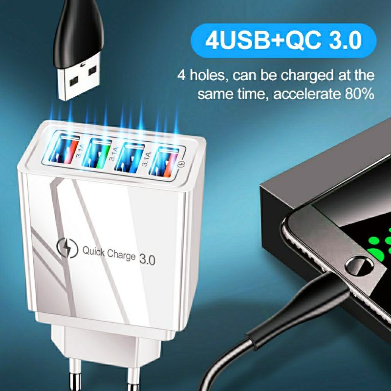 Củ sạc nhanh 4 đầu USB 3.0 sử dụng cho nhiều loại điện thoại khác nhau