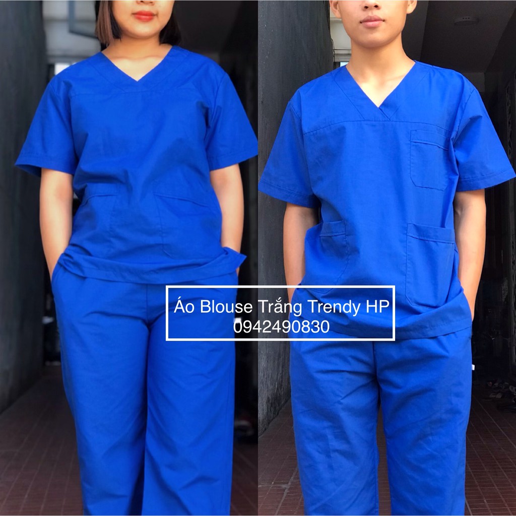 Bộ scrubs - bộ quần áo cổ tim nam nữ màu xanh lam (xanh đoàn) cho bác sĩ, điều dưỡng, phục hồi viên