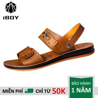 Dép nam quai ngang IBOY D1 da bò vàng nâu đường chỉ khâu tay, đế tăng chiều cao êm chân thuộc dòng dép quai hậu