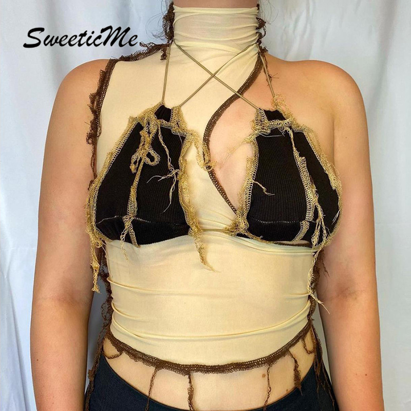 SweeticMe Women's 2021 New Sleeveless Sexy Hollow Fashion Stitching Backless Halter Slim Vest | BigBuy360 - bigbuy360.vn