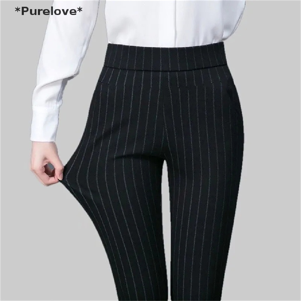 Quần Dài Ống Bút Chì Lưng Thun Họa Tiết Kẻ Sọc Thời Trang Thanh Lịch