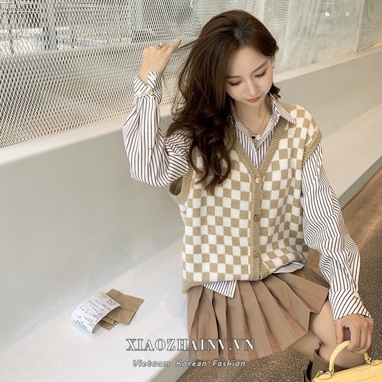 Áo khoác len không tay cổ chữ V họa tiết sọc caro phong cách retro Hàn Quốc cho nữ