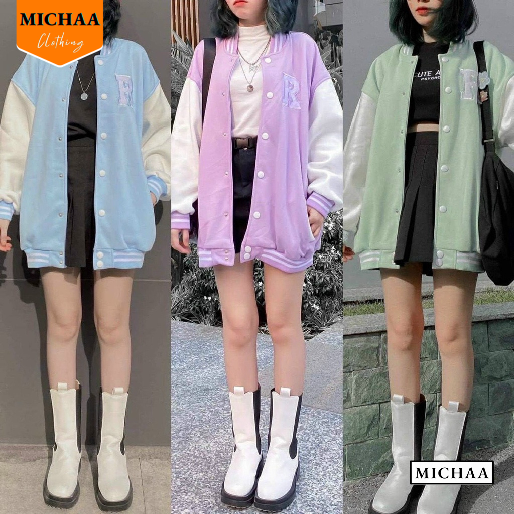 Áo Bomber nỉ CHỮ R Ulzzang form rộng Unisex áo khoác nỉ bông Michaa