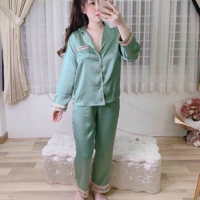 Bộ pijama lụa dài tay cao cấp, bộ pijama dài tay màu trơn phối chữ HiMie