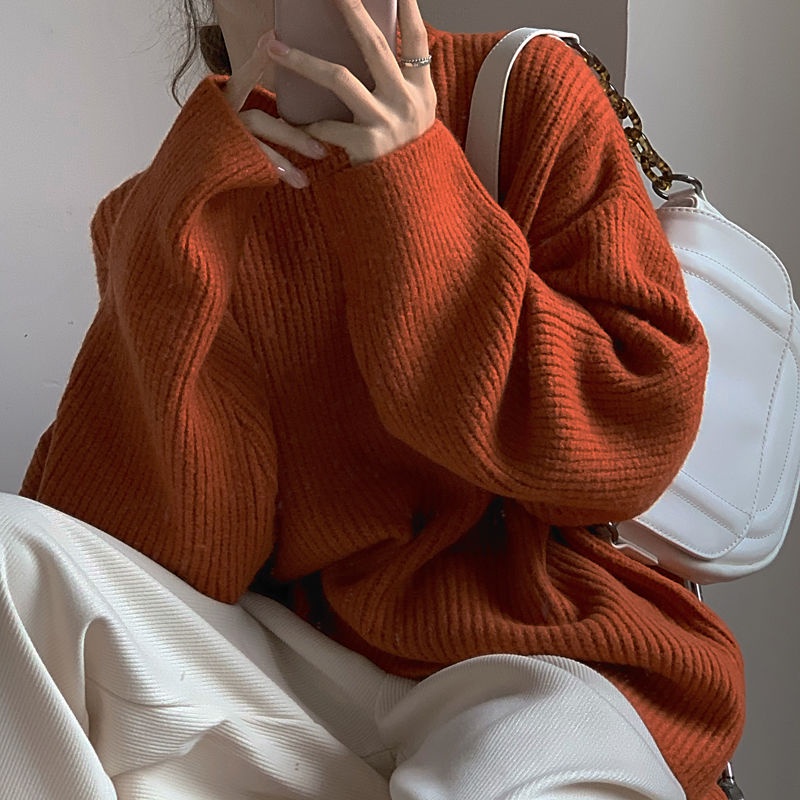 Áo sweater cổ tròn dáng rộng màu trơn mềm mại phong cách Hàn Quốc cho nữ