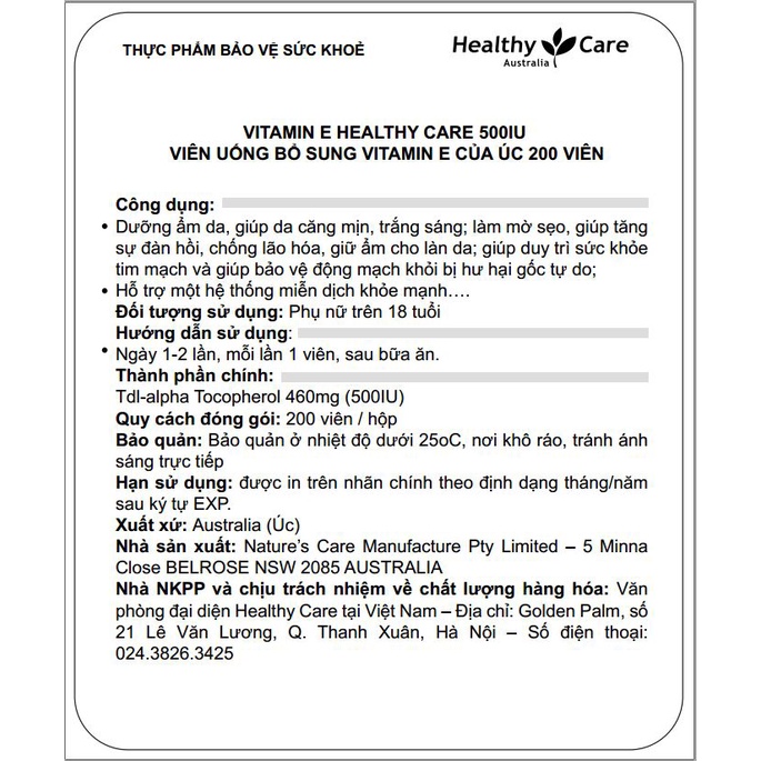 Viên uống bổ sung vitamin E Healthy Care 500IU 200 viên