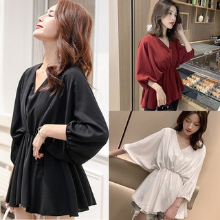 Áo kiểu tay lỡ cổ chữ V chất Chiffon màu trơn thiết kế thanh lịch