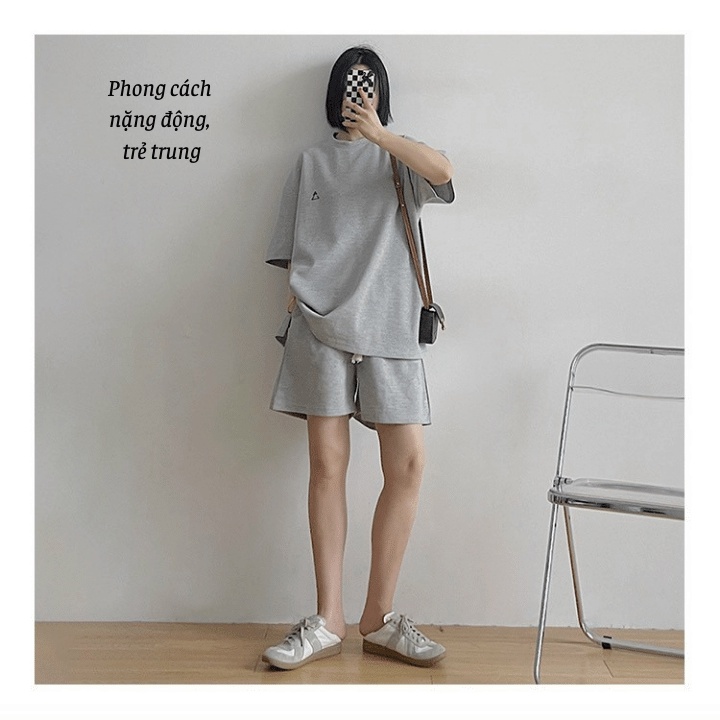 Bộ thun nữ tổ ong cộc tay-Set áo thun tay lỡ quần cộc form rộng in hình tam giác trẻ trung năng động