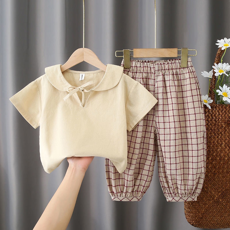 Set Áo Thun Tay Ngắn Và Quần short Vải Lanh cotton Thời Trang Hè 2022 Cho Bé Gái
