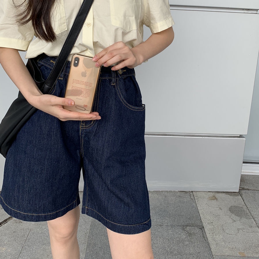 Quần short Denim lưng cao ống rộng thời trang Hong Kong