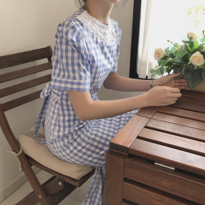 [ORDER] Đầm Caro Cổ Ren - Váy Tiểu Thư Thiết Kế Dáng Dài Thắt Eo Phù Hợp Đi Chơi Dự Tiệc Cưới Xanh Trắng VD107