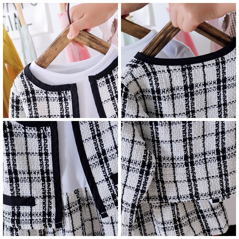 Set Đồ 2 Món Áo Khoác Cardigan + Đầm Sọc Ca Rô Đen Trắng Thời Trang Xuân Thu Cho Bé Gái