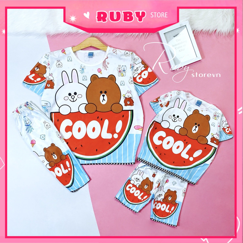 Đồ bộ thun in 3D mẹ và bé size đến 70kg chất thun mềm mát in hình gấu hoạt hình chibi dễ thương DBRBL FULL SIZE