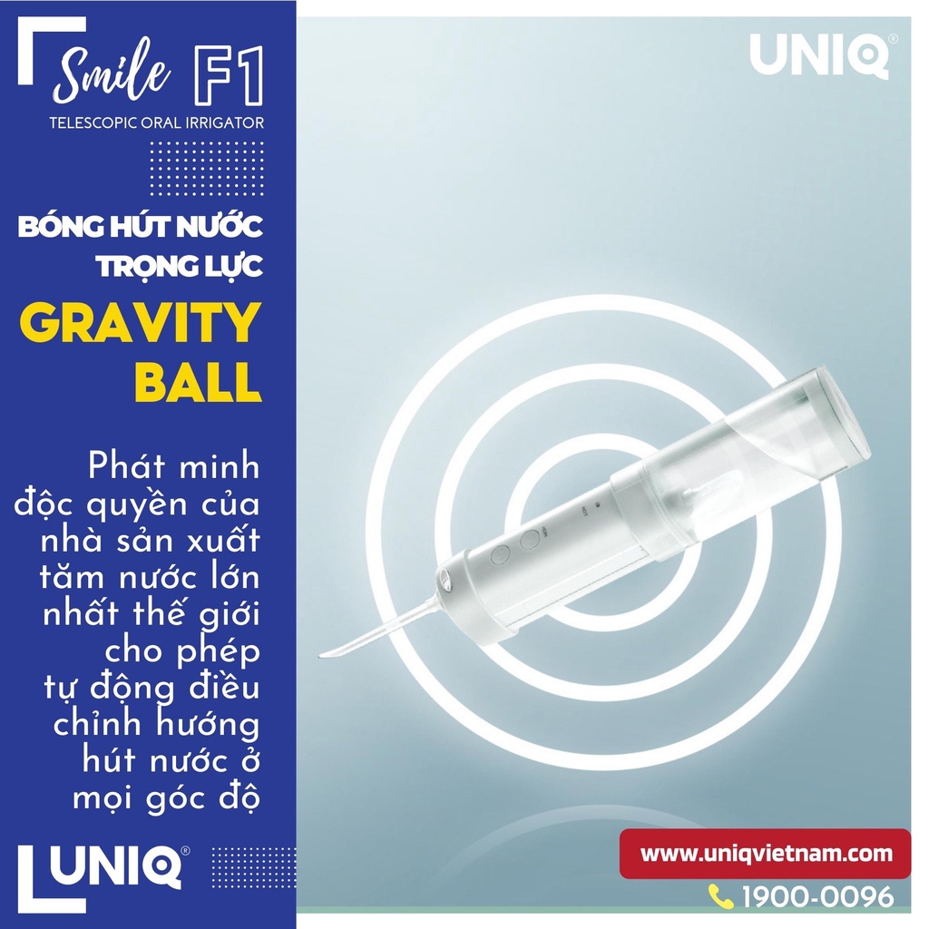 Máy tăm nước mini chính hãng UNIQ Smile F1 Nhật Bản cao cấp bóng trọng lực Gravity H2OFloss Waterpik cầm tay trắng hồng