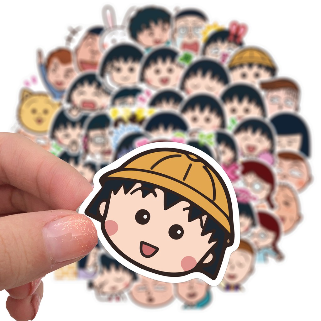 Set 50 miếng nhãn dán chống thấm nước hình chibi Maruko- Chan đáng yêu xinh xắn