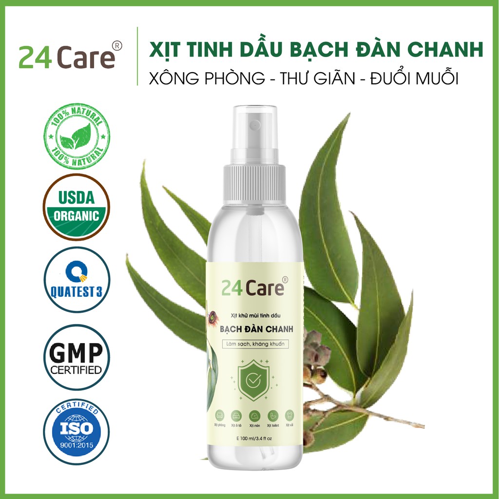 Xịt khử mùi thơm phòng Bạch Đàn Chanh 24Care 100ml - kháng khuẩn, khử mùi hôi, đuổi muỗi, côn trùng