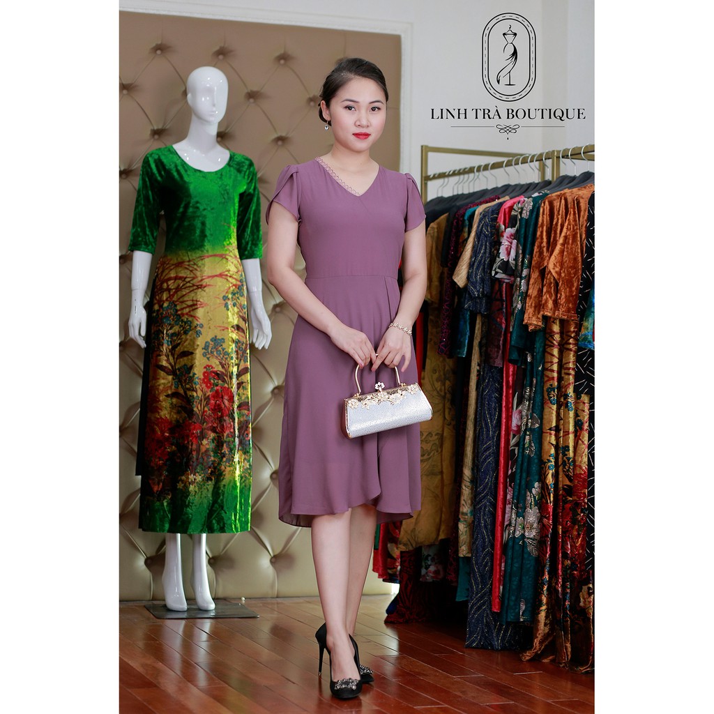 Đầm trung niên cao cấp Linh Trà Boutique tay lỡ xẻ tà thiết kế thanh lịch, sang trọng - mã TM106