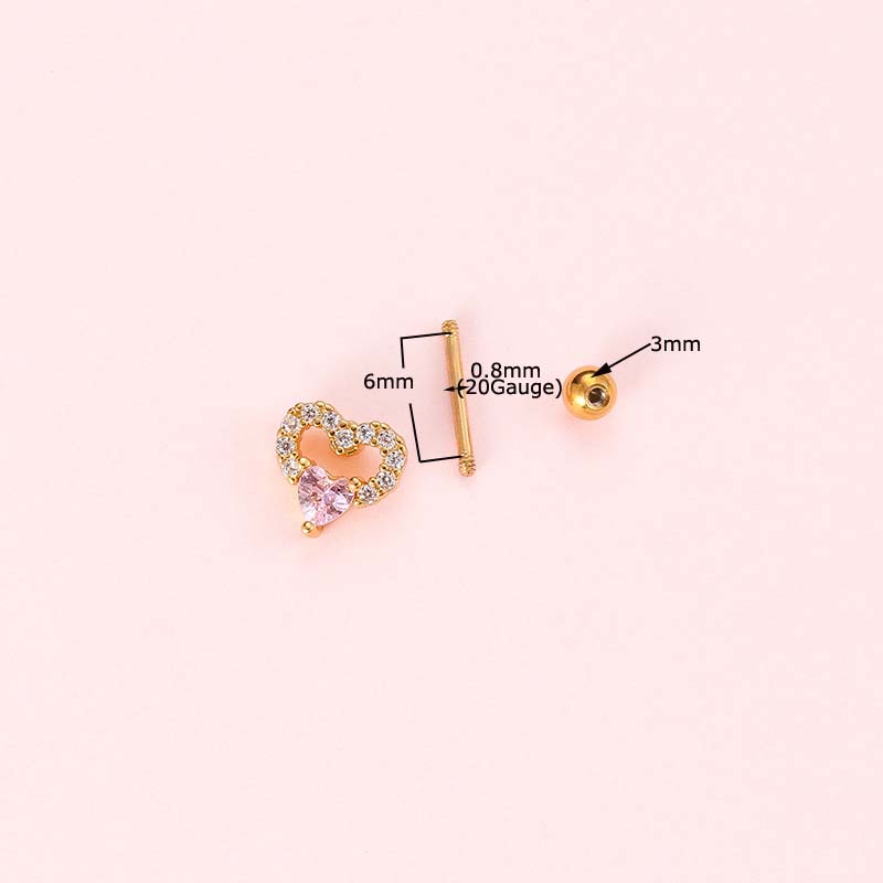1 Khuyên Tai Helix Pinna 20Gauge Hình Bướm Trái Tim Bằng Thép Không Gỉ Đính Đá Zircon Màu Hồng