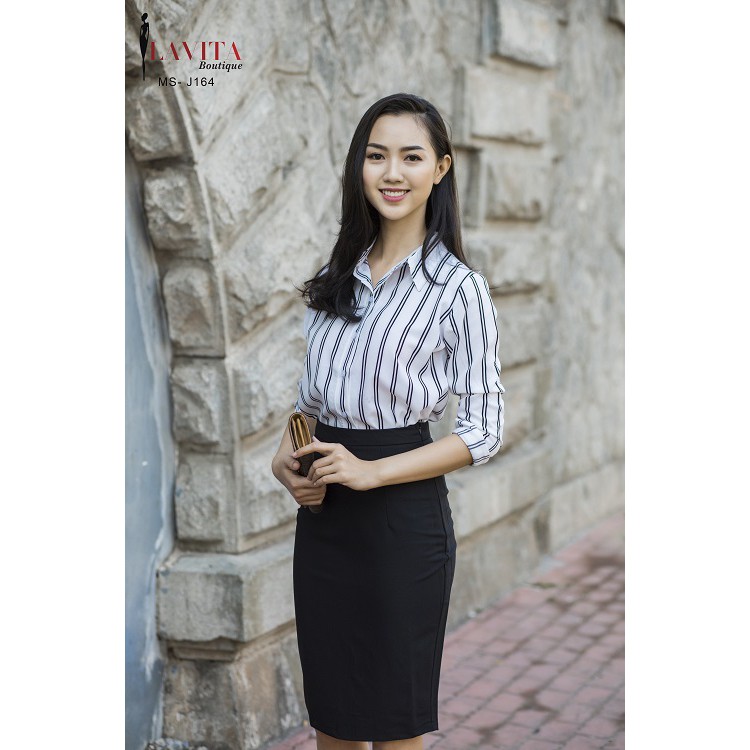 Set công sở áo sơ mi sọc chân váy ôm