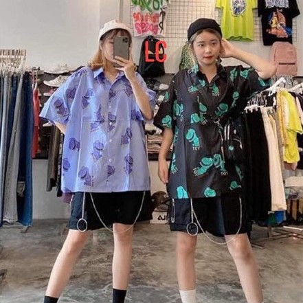 Áo Sơ Mi Hoạ Tiết Khủng Long Tay Lỡ Dáng Rộng Ulzzang Unisex, Sơ Mi Đi Biển - MM