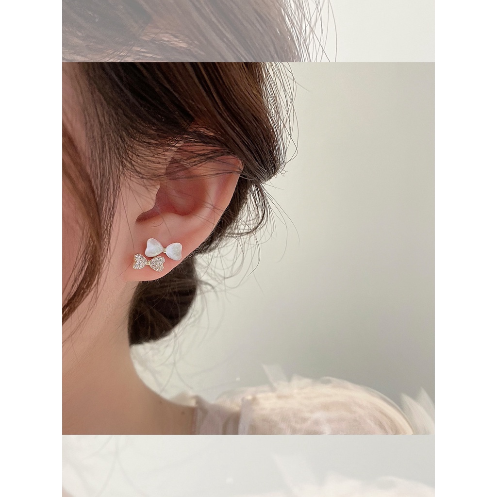 Bông Tai Hình Nơ Đính Đá Zircon Màu Bạc Phong Cách Hàn Quốc Thời Trang Cho Nữ