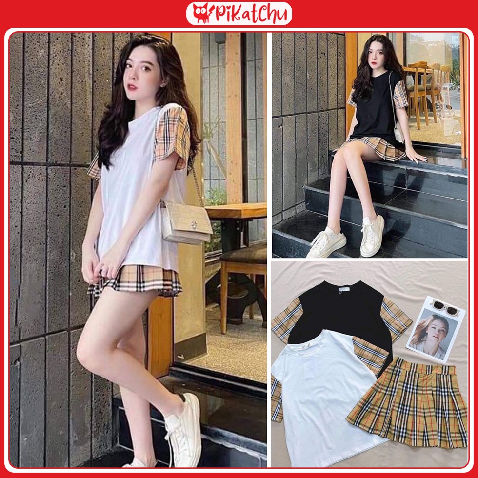 set đồ nữ áo phông chân váy phối kẻ sọc ngắn xòe áo thun cộc tay 2 màu - pikatchu