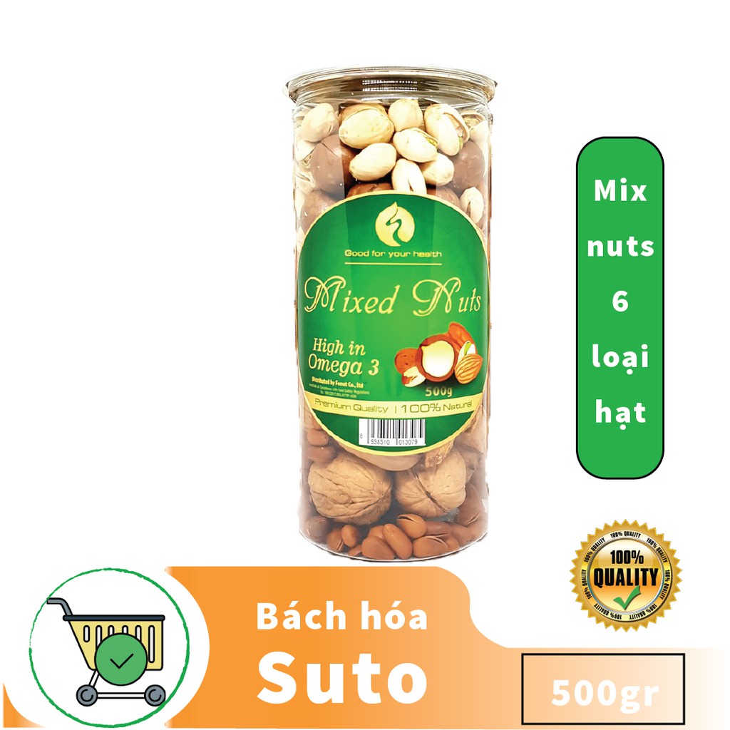 Mix Nuts 6 loại hạt dinh dưỡng hỗn hợp óc chó, hạnh nhân, hạt thông Mỹ, macca, hồ đào, hạt dẻ cười hộp 500gr Sutoshop