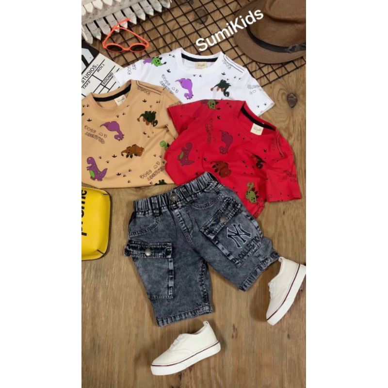 Set quần jean mềm NY áo khủng long bé trai