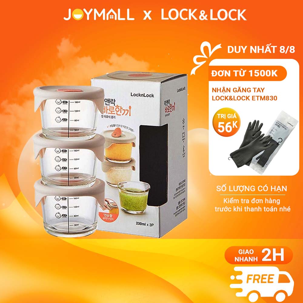 Bộ 3 hộp thủy tinh đựng thức ăn dặm cho bé Lock&Lock 230ml x 3 hộp LLG508S3 - Hàng chính hãng, có vạch chia - JoyMall