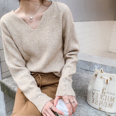 Áo Dệt Kim Tay Dài Dáng Rộng Cổ Chữ V Thời Trang Cho Nữ